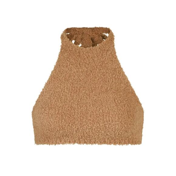 SKIMS Cozy Knit Teddy Tie Open Back Halter Bra Crop Top Camel Lounge Size L NEW - Picture 7 of 12